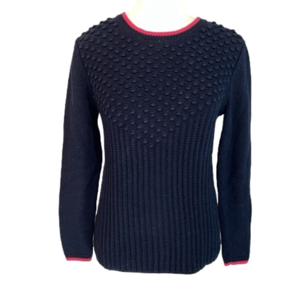 Talbots Petites Navy Blue Oversized Swiss Dot Sweater Hot Pink Trim Size P Small
